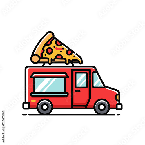 “Pizza Food Truck Logo – Red Mobile Pizza Van with Cheese Slice Illustration”