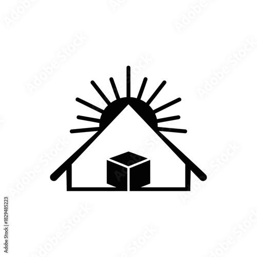 "Minimal House Delivery Icon with Sunrise and Package Box – Modern Logistics Vector Symbol"
