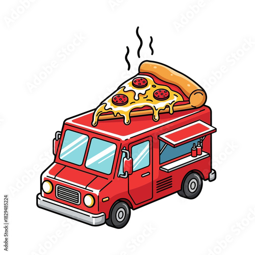 “Pizza Food Truck Logo – Red Mobile Pizza Van with Cheese Slice Illustration”
