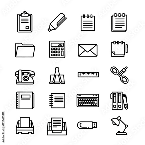 Collection of Office Supplies and Stationery Icons.