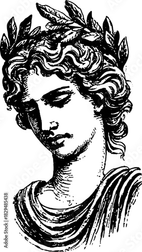 Greco-Roman goddess bust in classical art style. Ornamented with laurel wreath, this detailed vector illustration captures historical beauty.