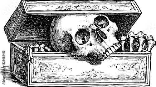 A vintage skull and bones in a box, detailed line art illustration. This graphic features a classic engraving style vector illustration.