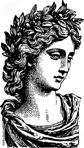 Greco-Roman goddess bust sculpture in black and white, detailed vector illustration showcasing elegance and historical significance.