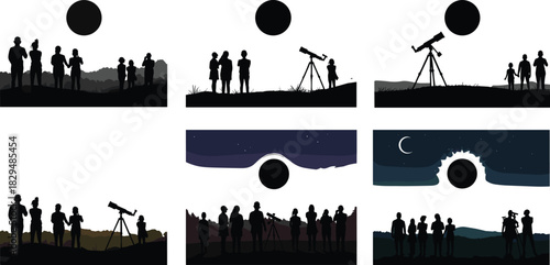 People watching solar eclipse with telescope silhouette, astronomy vector illustration showing night sky observation, stargazing, space exploration, and celestial event concept design