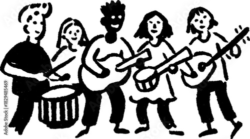 Musicians playing various instruments in a group. Simple flat vector illustration suitable for artistic projects.