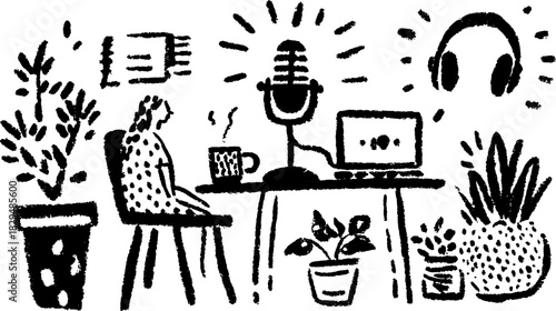 Desk with a microphone, laptop, and coffee. Hand-drawn black and white vector illustration featuring plants. Set for a creative workspace.