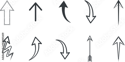Arrow design collection, upward downward direction icons, black white vector set, graphic interface elements, curved zigzag stylized arrows
