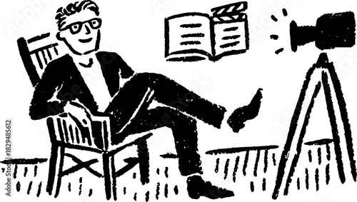 Director sitting in a chair with a movie script and camera. Hand-drawn black and white vector illustration depicting a creative setup.