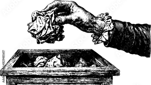 A hand throwing crumpled paper into a box. Vintage black and white vector illustration showcasing classic and textured artistic style.