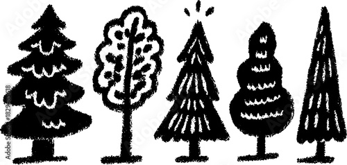 Hand-drawn black and white trees illustration. This simple design showcases different shapes of trees as a vector set.