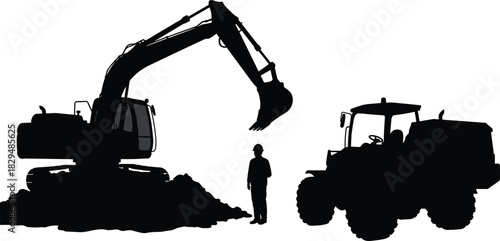 Construction Site Silhouette with Heavy Excavator and Bulldozer Machinery, Operator Worker Standing Near a Dirt Pile, Black Vector Graphic for Industry