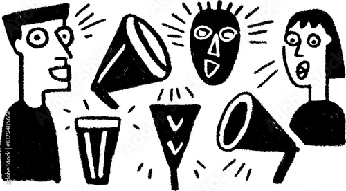 Megaphone and speaker illustrations in black and white. Simple vector art depicting communication and energy among people in a cohesive set.