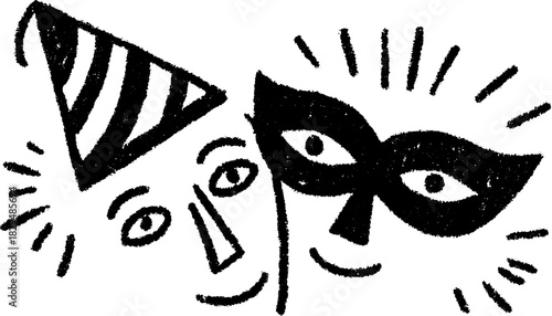 Masked characters in a simple black graphic style. Celebration party hat and mask vector illustration set.