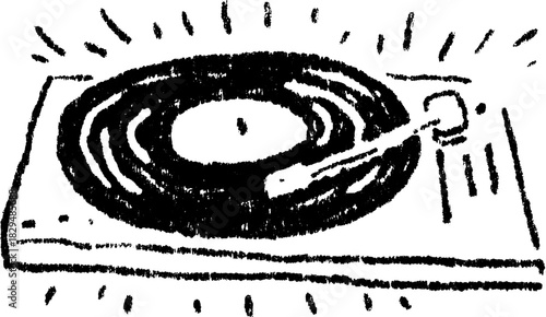 Turntable with a record, designed in a simple black style. A vector illustration emphasizing music culture and retro aesthetics.