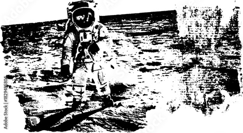 Astronaut in a simple, flat style on the moon surface. Black and white vector illustration featuring space exploration elements.
