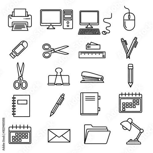 Collection of Office Supplies and Stationery Items Icons.