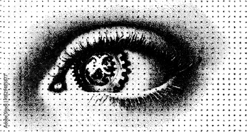 Eye illustration featuring a gear to symbolize vision and mechanism in a detailed vector design. A unique artistic representation.
