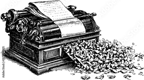 Vintage printer illustration with paper spilling out. This classic vector design showcases a detailed machine, reflecting historical publishing in black and white.
