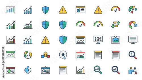 Collection of colorful data analysis and dashboard icons for business and technology.