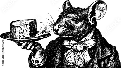 Mouse holding a cheese dish in a vintage illustration style. Elegant vector artwork featuring a dressed animal character set.