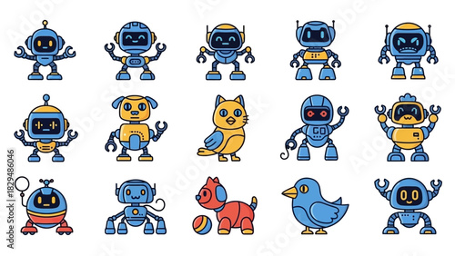 Collection of Cute Cartoon Robots and Robotic Animals.