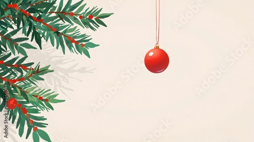 Minimal Christmas still life with red ornament hanging from branch with copy space