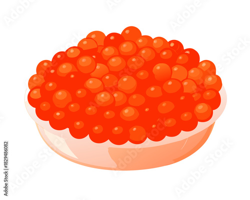 Macro closeup of a gourmet red salmon roe appetizer on a white background with a spoon and bread sandwich