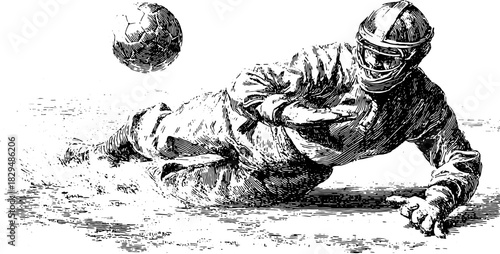 Football player diving to make a save in vintage illustration style. Engaging and dynamic sport vector set showcasing athletic action.