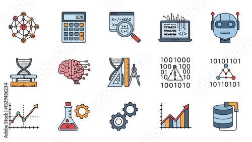 Collection of colorful icons representing data science, artificial intelligence, and machine learning concepts.