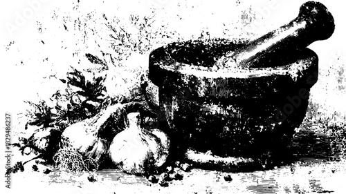 Vintage mortar and pestle with garlic and herbs. Detailed vector illustration of natural kitchen ingredients in black and white.