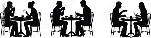 Couples and Friends Dining or Drinking Coffee Silhouette Set, Black Vector Icons of People Eating and Socializing at Cafe and Restaurant Tables