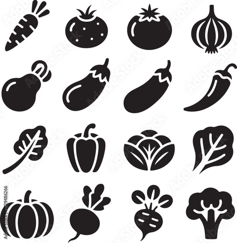 Collection of vegetable icon set in black and white illustration