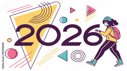 Illustration of the year two thousand twenty six with a traveler and geometric shapes in the background