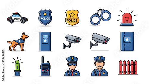 Police and Law Enforcement Icons Set - Car, Badge, Handcuffs, and More.