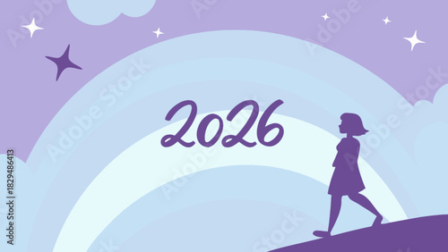 Silhouette of a woman walking towards the year 2026 with stars and rainbow in a pastel background