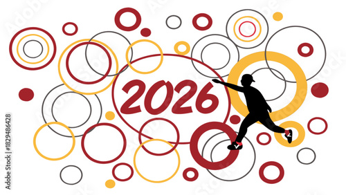 Silhouette of a figure in motion with circles and the year two thousand and twenty six around it
