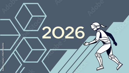 Illustration of a robot wearing vr headset running near year 2026 and geometric cube shapes on background