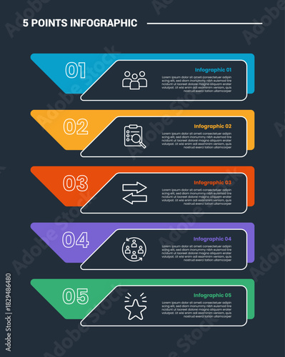 5 stage infographic process diagram with creative box triangle arrow combination on stacked list with dark background bright outline style
