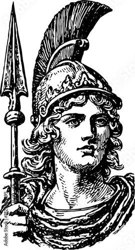 Warrior in a classic helmet holding a spear. Detailed vector illustration of a mythological figure with textured robes.