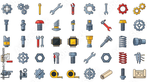 Collection of Colorful Cartoon Style Mechanical Parts and Tools.