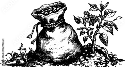 Vintage engraving illustration of a sack with seeds and a plant growing from the earth. A detailed vector illustration highlighting nature and sustainability.