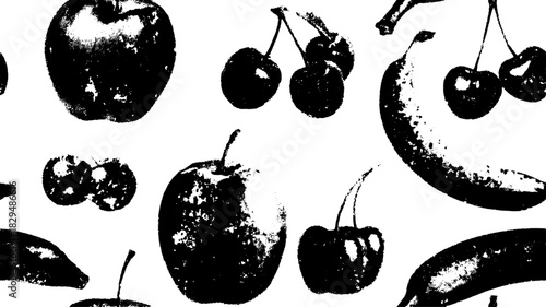 Fruit silhouettes in black. Hand-drawn vector illustration featuring a set of apples, bananas, and cherries in a simple pattern.