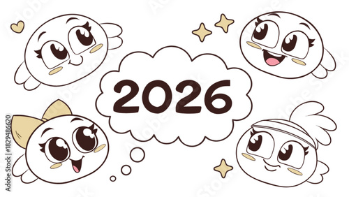 Cartoonish illustration featuring four adorable characters with the year two thousand twenty six