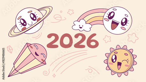 Cartoon illustration featuring planet, rainbow, moon, crystal, sun and the year two thousand and twenty six