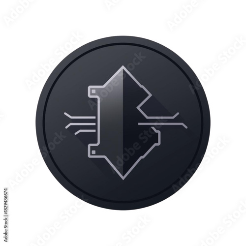 A minimalist black Web3 token icon designed with a futuristic digital coin silhouette and clean geometric edges. Perfect for blockchain projects, crypto dashboards, NFT interfaces, DeFi platforms