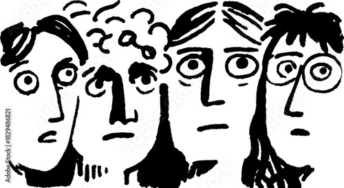 Cartoon faces in black and white vector illustration. Simple artwork featuring a set of characters expressing various emotions.