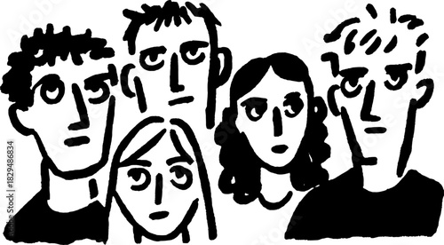 Five people illustrated in a simple black and white design. Modern vector illustration showcasing distinct faces and expressions in a flat style.