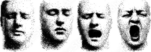 Facial expressions in a set of vector illustrations. Art with dots in black and white showcasing different emotional states.