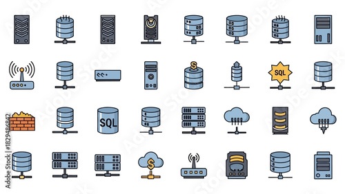 Collection of Server and Network Infrastructure Icons for Data Centers.