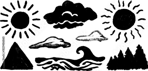 Sun, clouds, waves, mountains, and trees in black and white. A simple vector illustration set showcasing nature's elements.